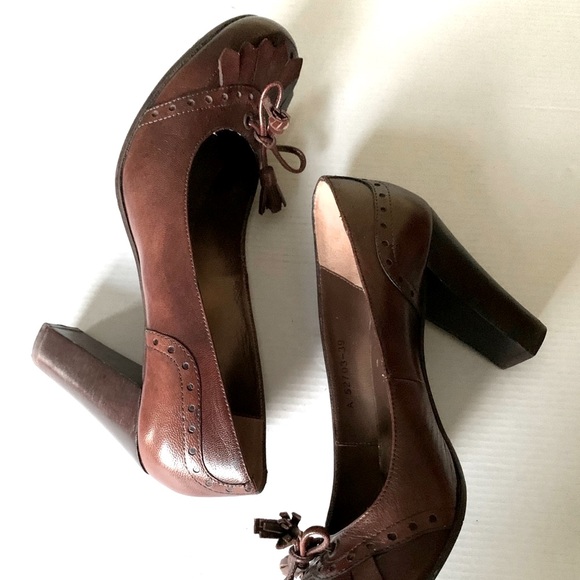 Shiny light brown real leather loafers with tassel & bow comfy block heels US9.5 - Picture 7 of 11